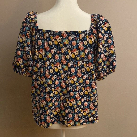 LOFT Navy Floral Tie-front Blouse - Picture 3 of 7